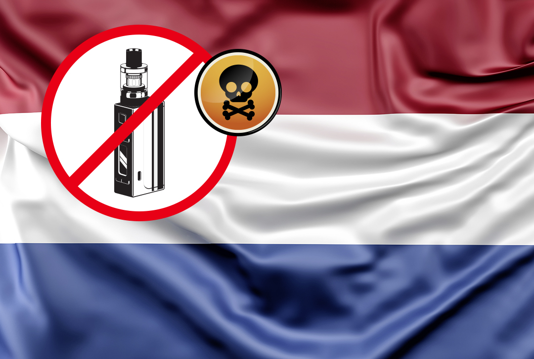 Giftig Symbol mit durchgestrichener E-Zigarette vor Flagge der Niederlande