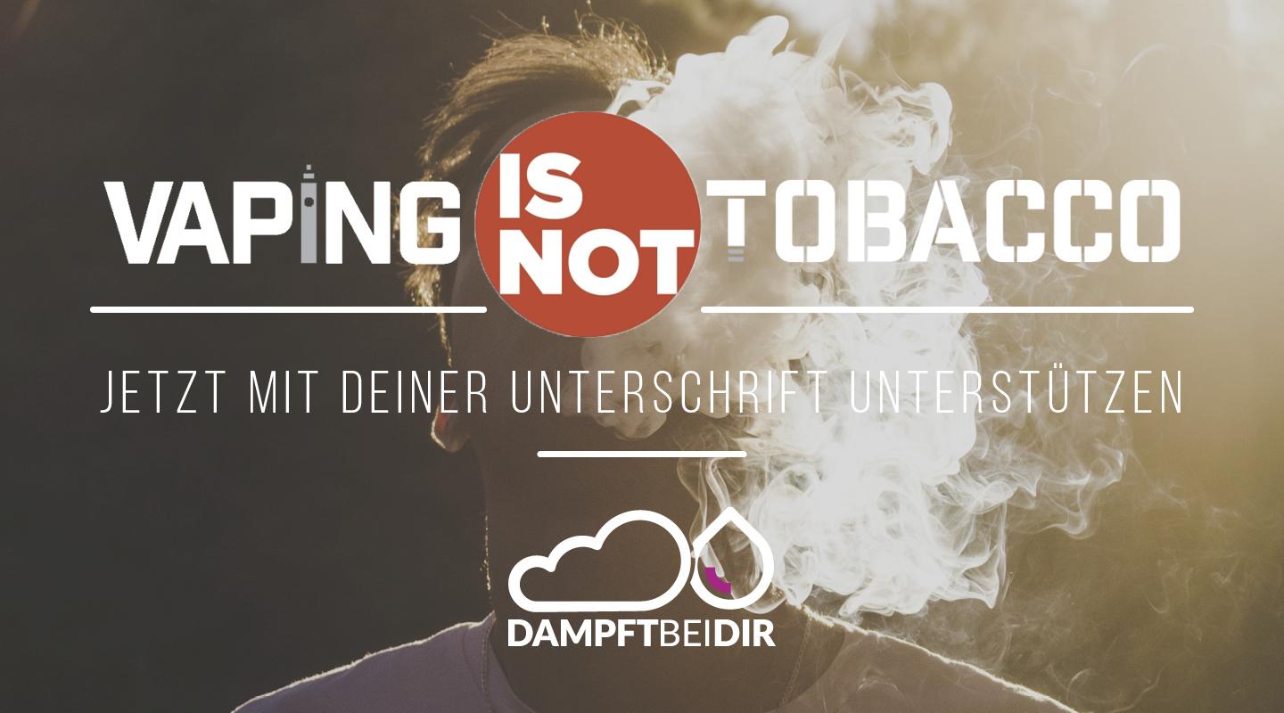 Spruch "Vaping is not Tobacco" mit Person die dampft im Hintergrund