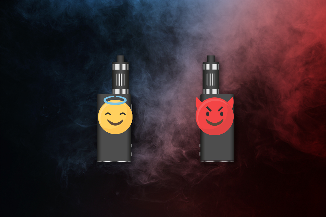 Zwei Piktogramme von E-Zigaretten mit Engel und Teufgel Emoji
