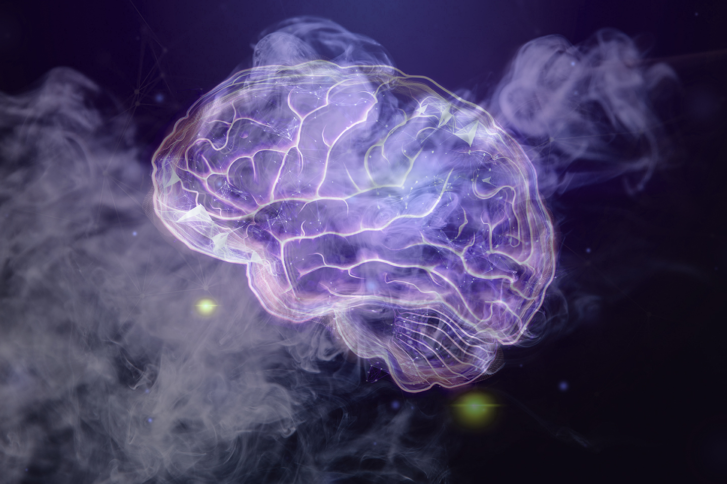 Darstellung eines menschliches Hirn in Lila mit Rauch im Hintergrund