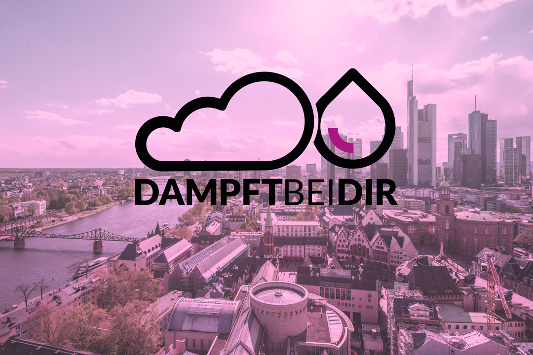 Logo der Firma Dampftbeidir mit der Stadt Frankfurt im Hintergrund