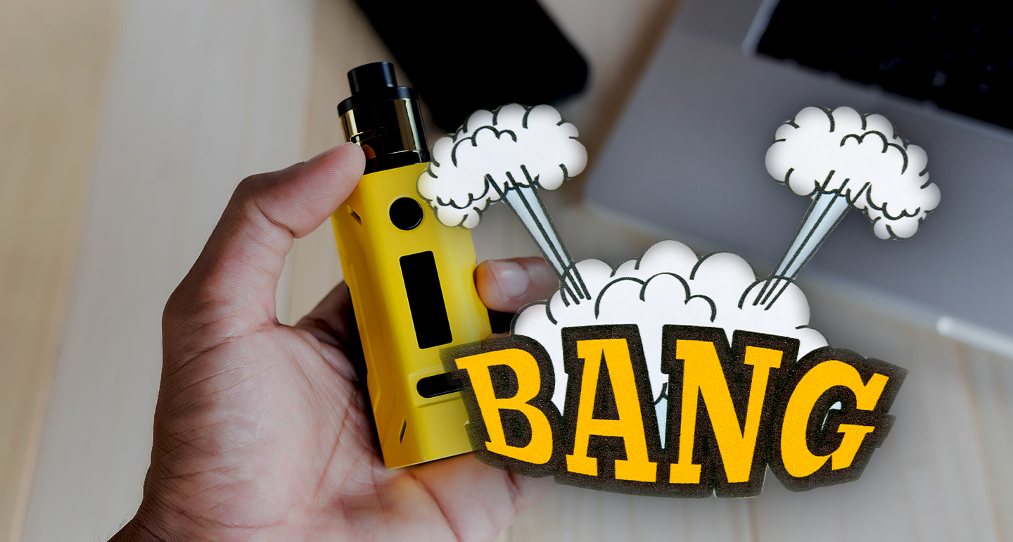 Gelbe E-Zigarette mit Comic-Bang daneben