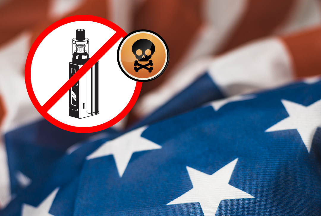 Giftig Symbol mit durchgestrichener E-Zigarette vor Flagge der USA