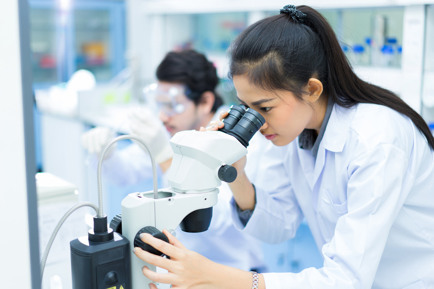 Junge Frau in weißem Laborkittel schaut in einem Labor durch ein weißes Mikroskop